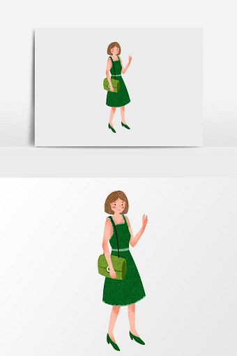 手绘绿衣女孩插画元素图片