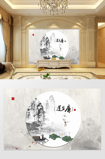 新中式唯美圆形荷花蜻蜓装饰定制电视背景墙图片