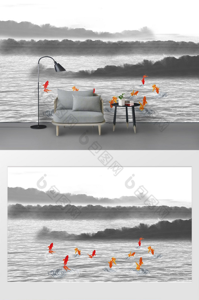 意境新中式山水鲤鱼水墨背景墙图片图片