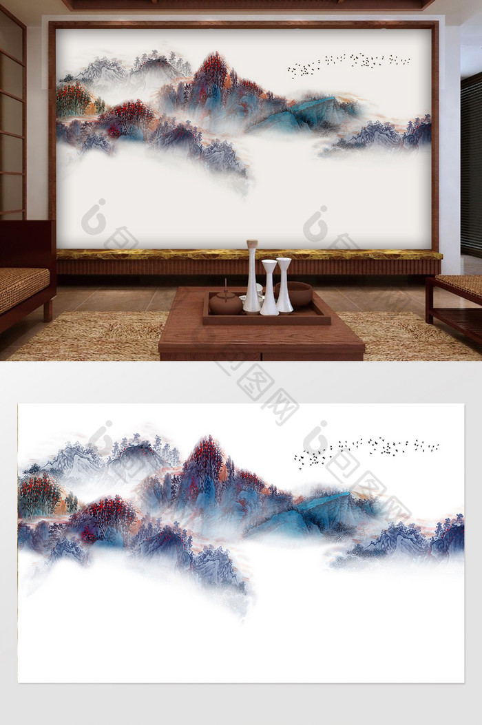 新中式意境抽象水墨山水客厅背景墙国画
