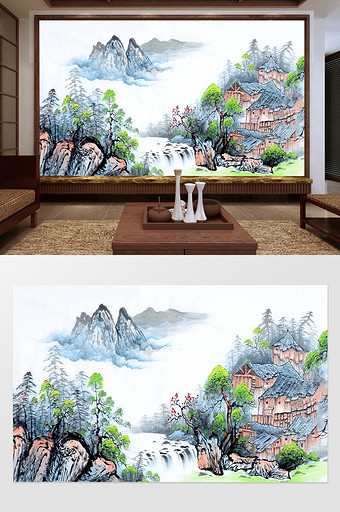 中国风手绘水墨山水青山雅居电视背景墙图片