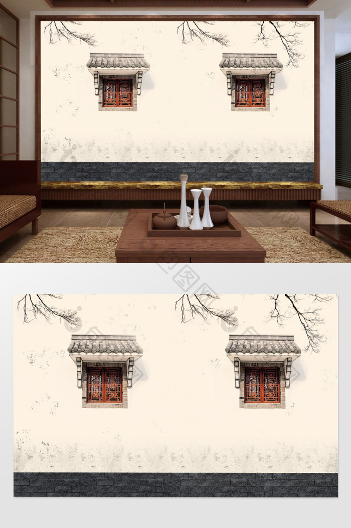 新中式传统复古斑驳窗台影楼背景墙效果图-【包图网】