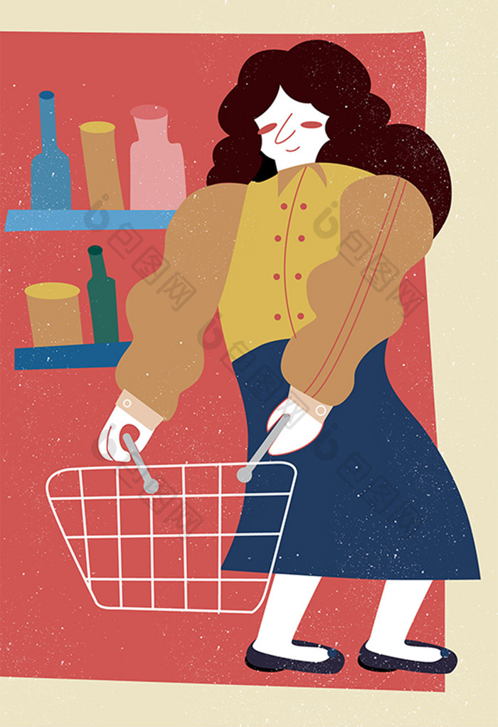 红色寒假生活购物物品逛超市买东西插画