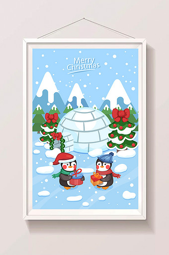 清新圣诞节企鹅圣诞礼物圣诞树雪屋插画图片