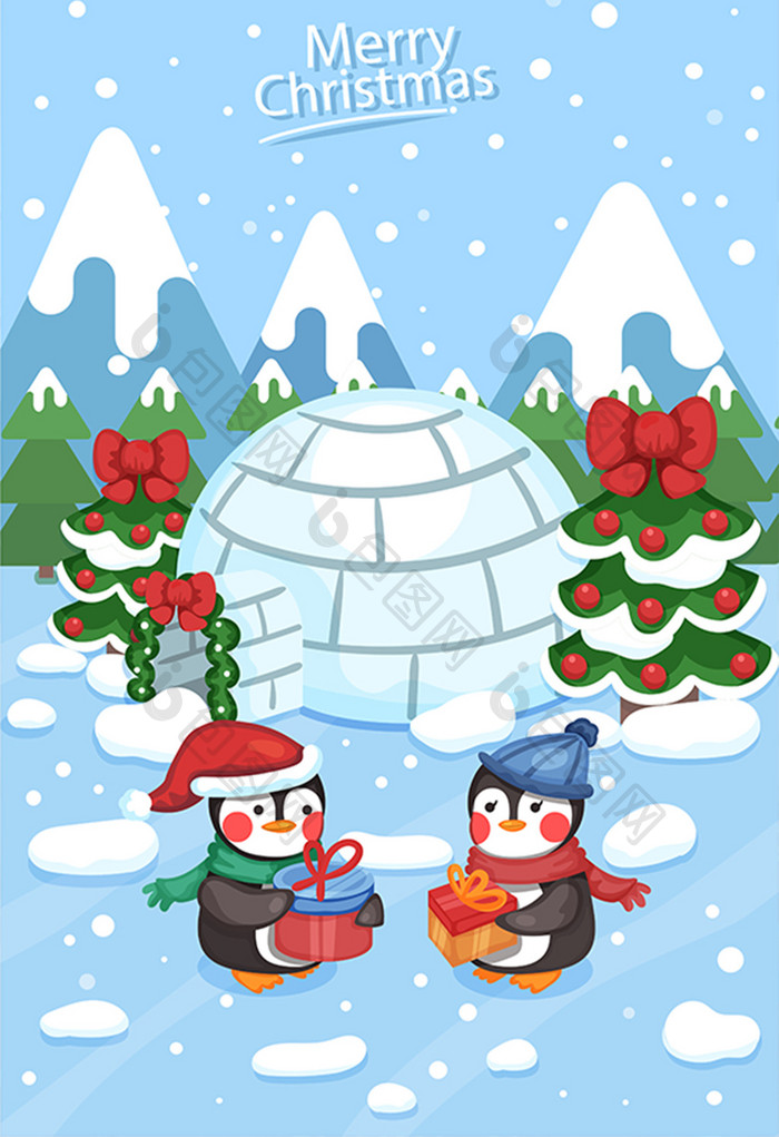 清新圣诞节企鹅圣诞礼物圣诞树雪屋插画