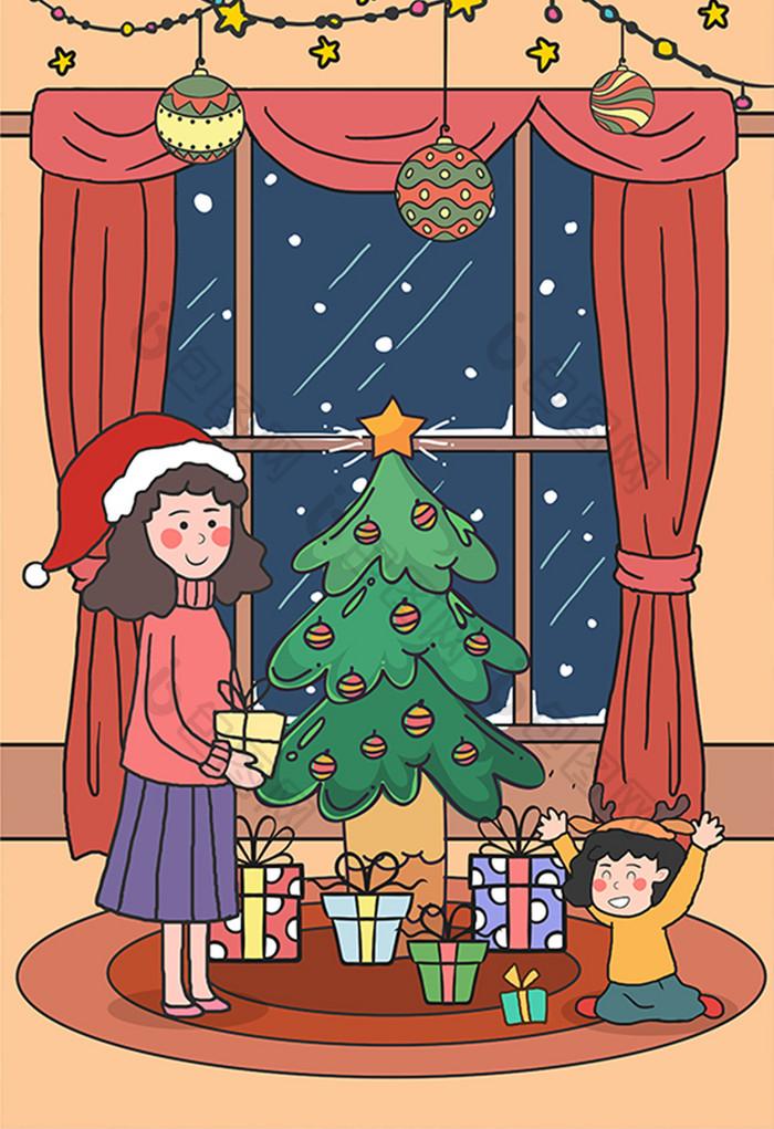 卡通圣诞节室内圣诞礼物平安夜家庭温暖插画