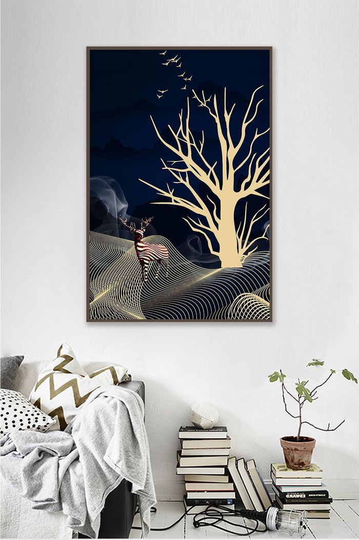 风景动物山水发财树麋鹿现代简约晶瓷装饰画图片