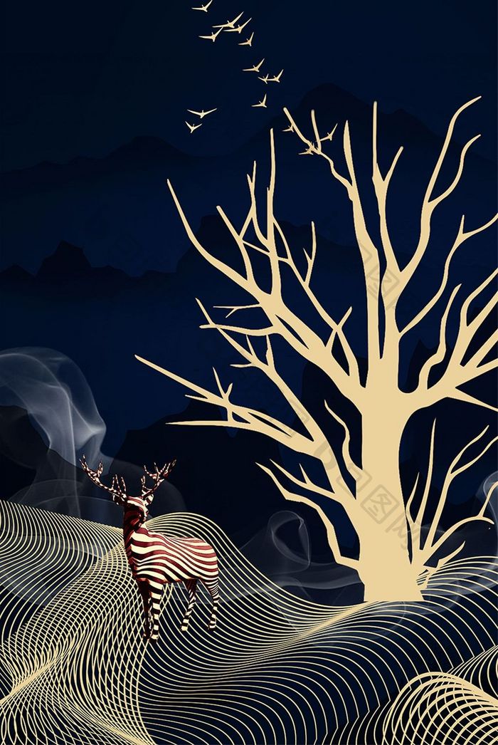 风景动物山水发财树麋鹿现代简约晶瓷装饰画