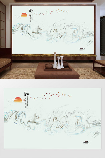 简约新中式水墨山水电视背景墙装饰画图片