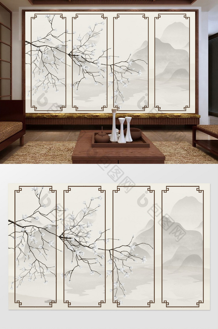 海棠新中式手绘工笔花鸟背景墙