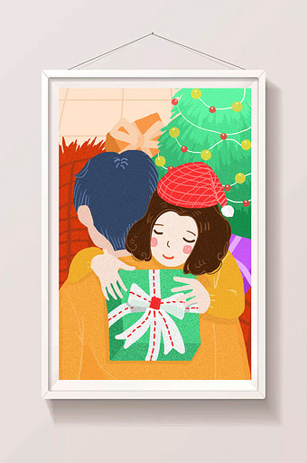 橘黄色简约扁平圣诞节情侣礼物插画图片