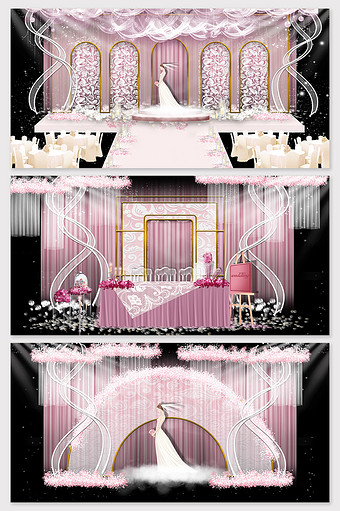 简约公主粉色欧式教堂婚礼舞台效果图图片