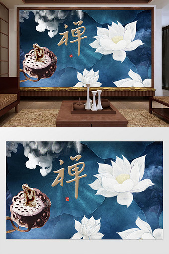 新中式水墨荷花图禅意定制视背景墙图片