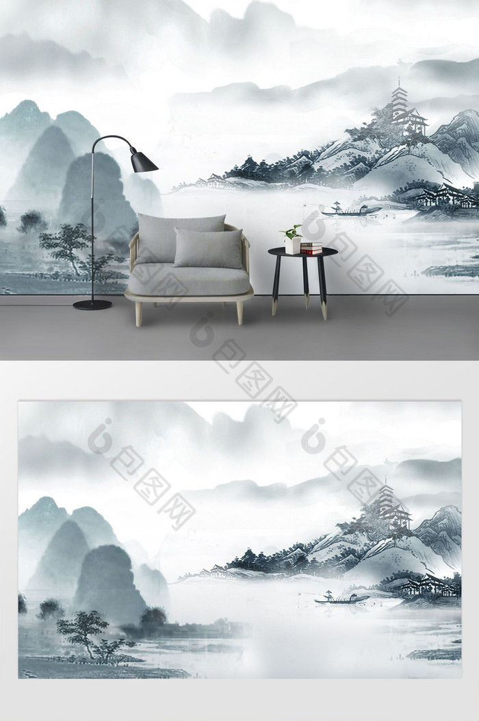 新中式水墨瀑布山水壁画背景墙