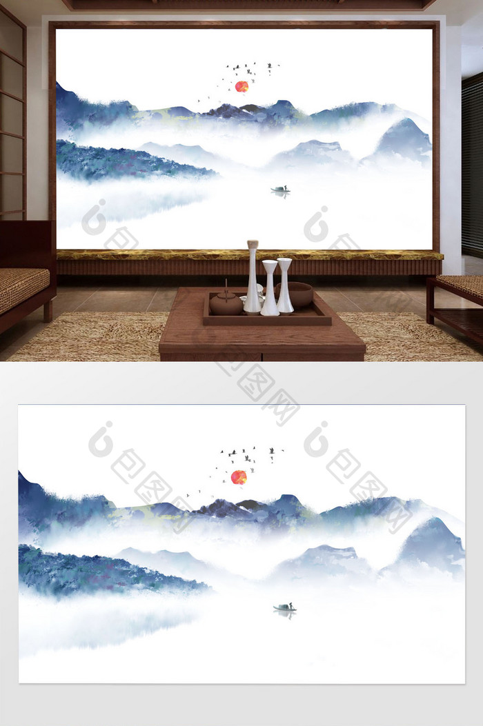 新中式水墨创意抽象山水壁画背景墙