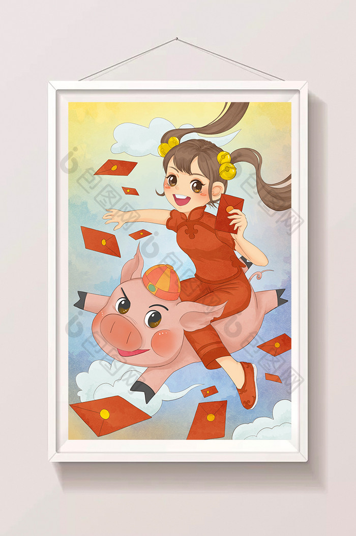 红色喜庆中国风女孩和猪发红包插画