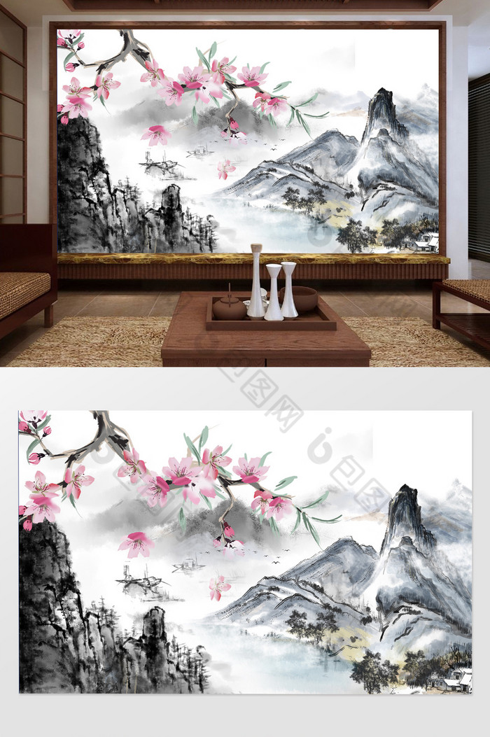 新中式清新大气水墨山水花枝背景墙图片图片