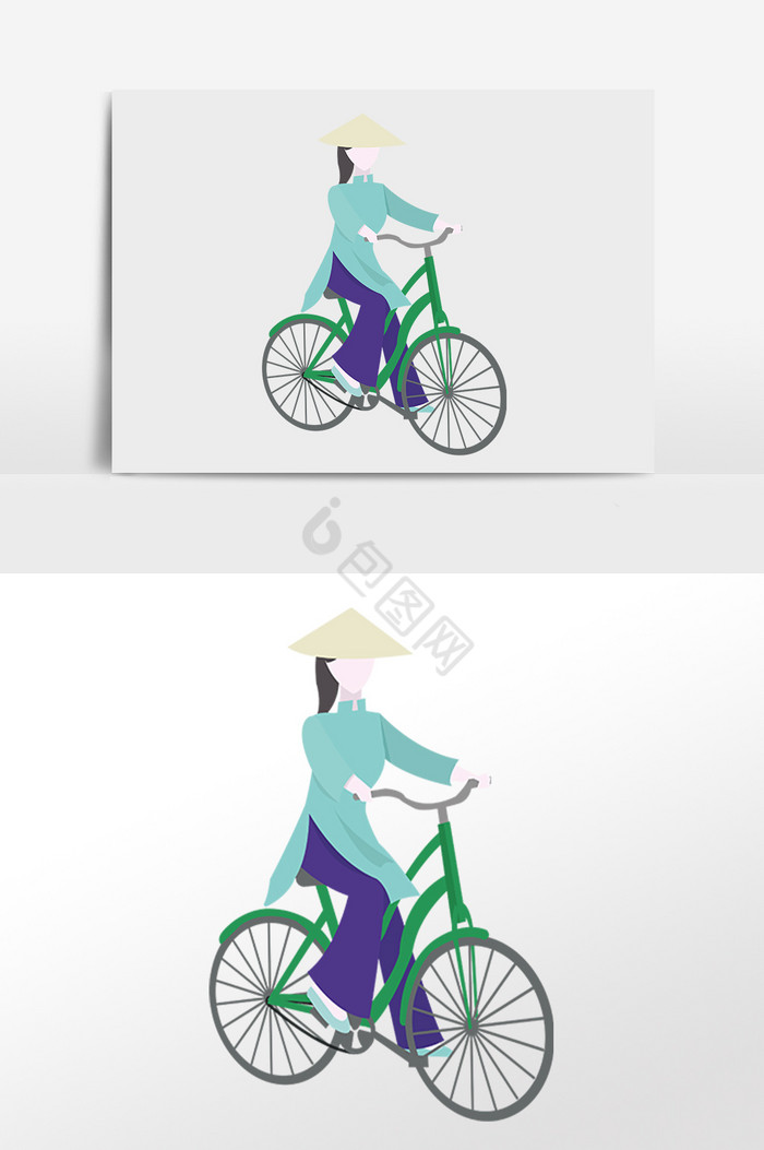 越南妇女穿着服装骑在自行车上图片