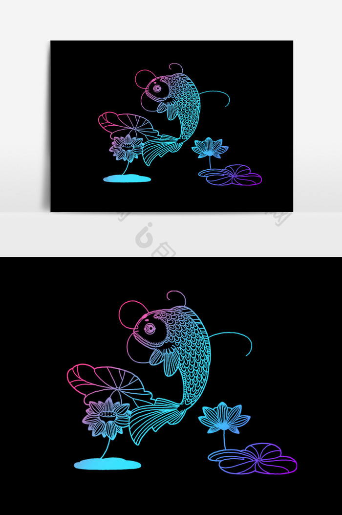 手绘蓝紫梯度鲤鱼鱼配荷花