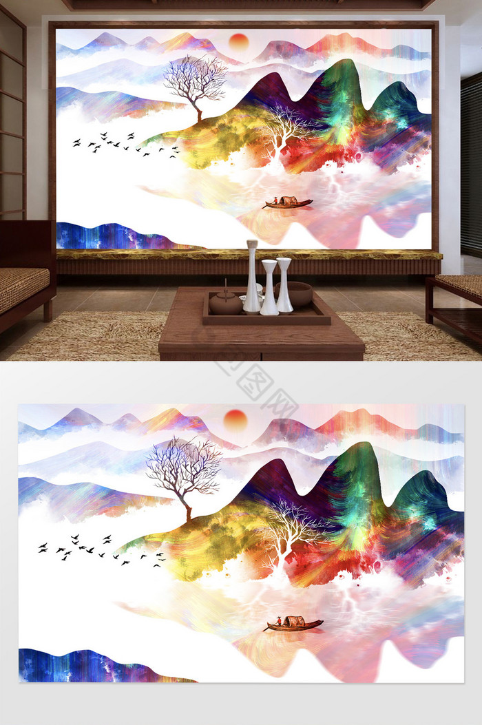 新中式抽象意境水墨山水背景墙图片