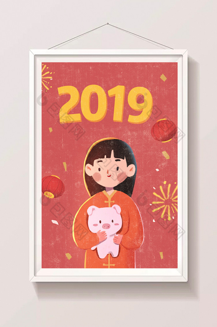 红色喜庆小女孩贺新年插画