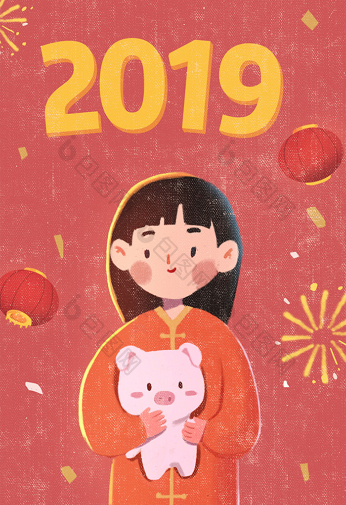 红色喜庆小女孩贺新年插画