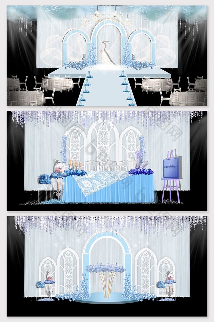 现代简约欧式蒂芙尼蓝色婚礼舞台布置效果图