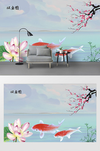 中国风水墨手绘六鱼图背景墙图片