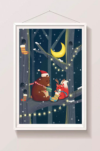 卡通夜晚月亮圣诞节熊松鼠插画图片