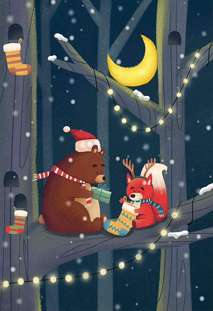 卡通夜晚月亮圣诞节熊松鼠插画