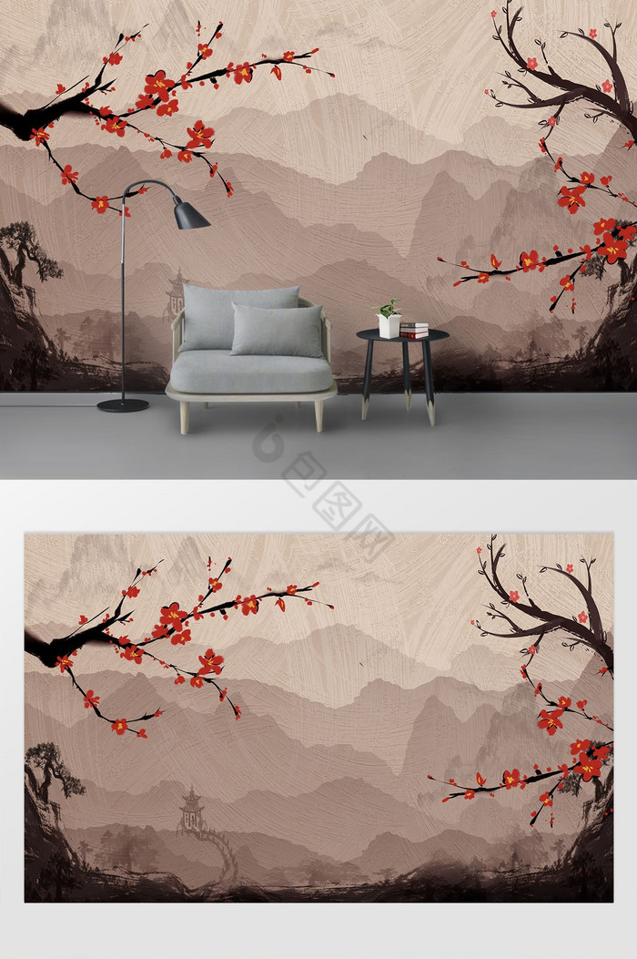 山树枝花鸟背景墙图片