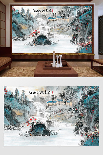 新中式高清意境抽象水墨山水客厅背景墙壁画图片