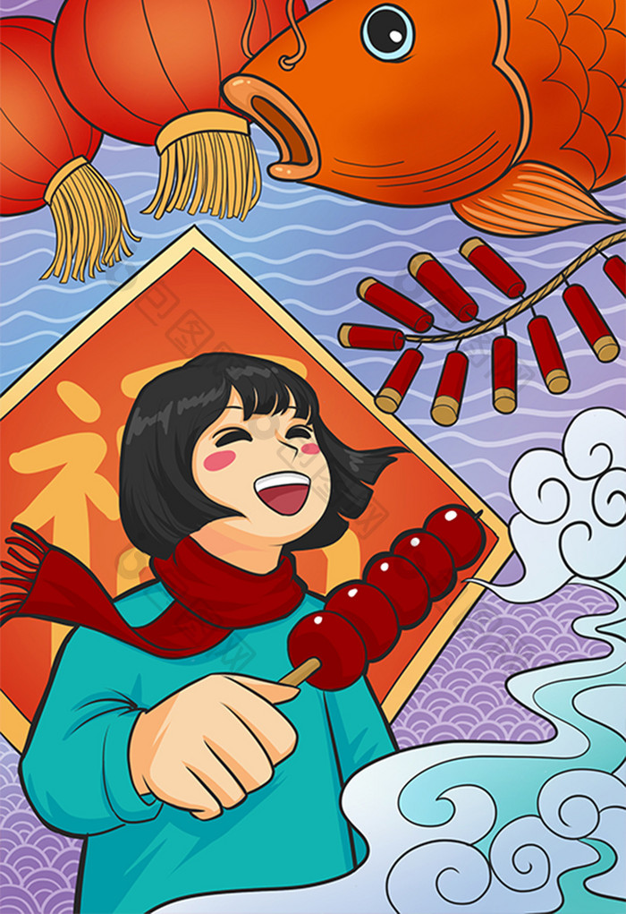 红色喜庆中国风春节女孩吃糖葫芦灯笼插画