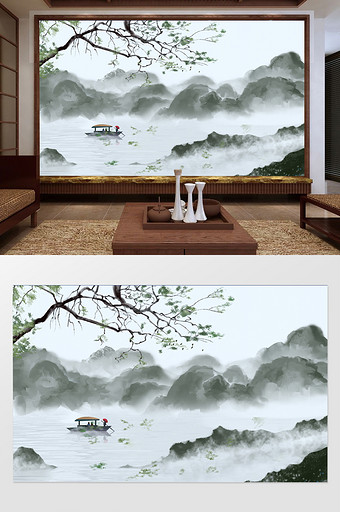 新中式清新树枝山水背景墙图片