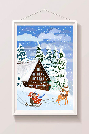 圣诞节小女孩小鹿玩耍主题插画图片