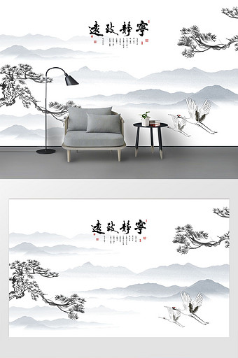 中式中国风竹子宁静致远飞鹤背景墙图片