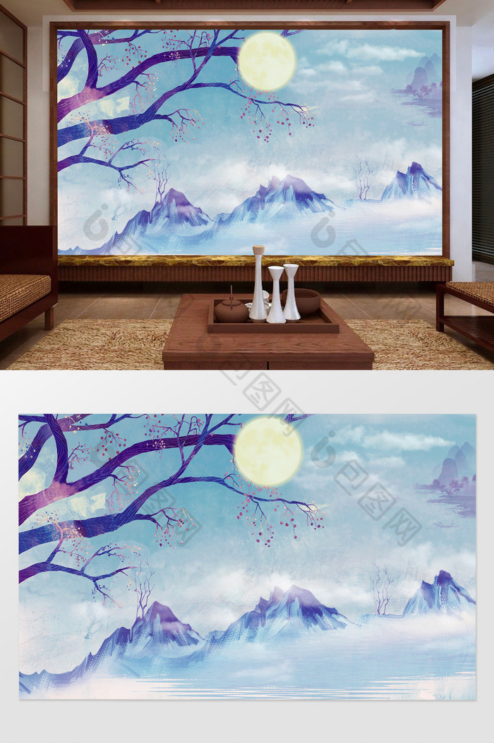 中国风蓝色唯美中式电视背景墙