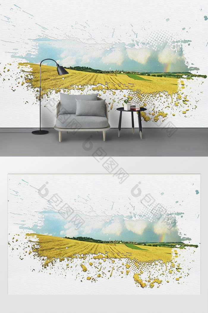 现代油画彩绘麦田喷溅水墨背景墙