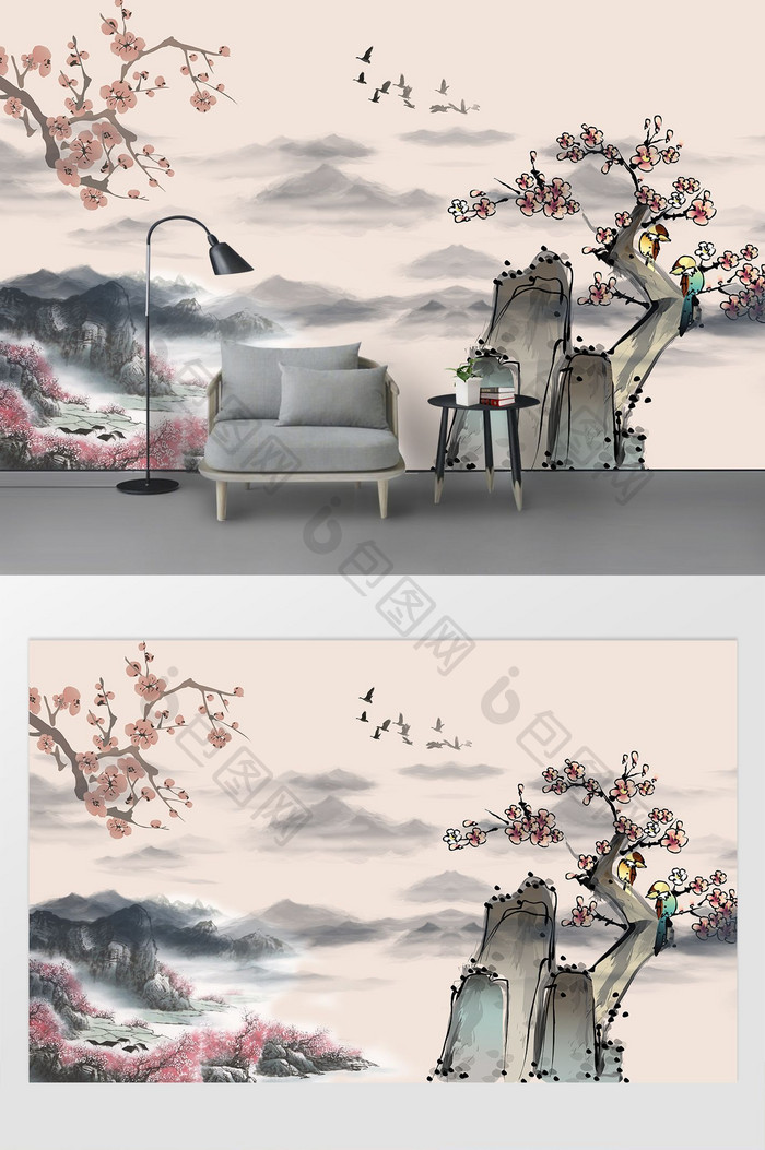 中国风手绘水墨工笔画鸟语花香背景墙
