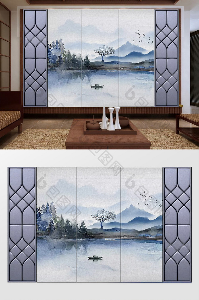 新中式手绘山水风景电视背景墙