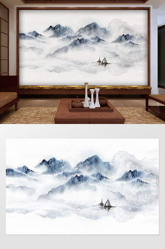 新中式意境抽象水墨山水客厅背景墙山水画图片