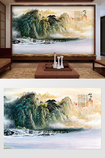 新中式意境抽象水墨山水客厅背景墙壁画山水图片