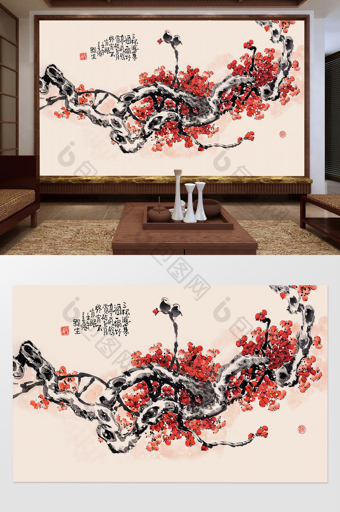 梅花背景墙中国风工笔花鸟图片