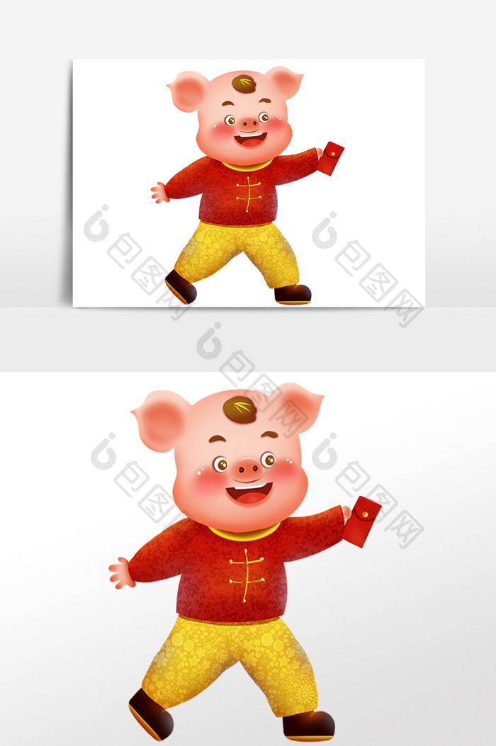 新年小猪吉祥物发红包手绘插画