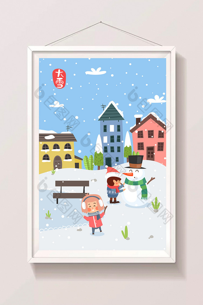 卡通清新大雪冬日堆雪人孩子雪景插画