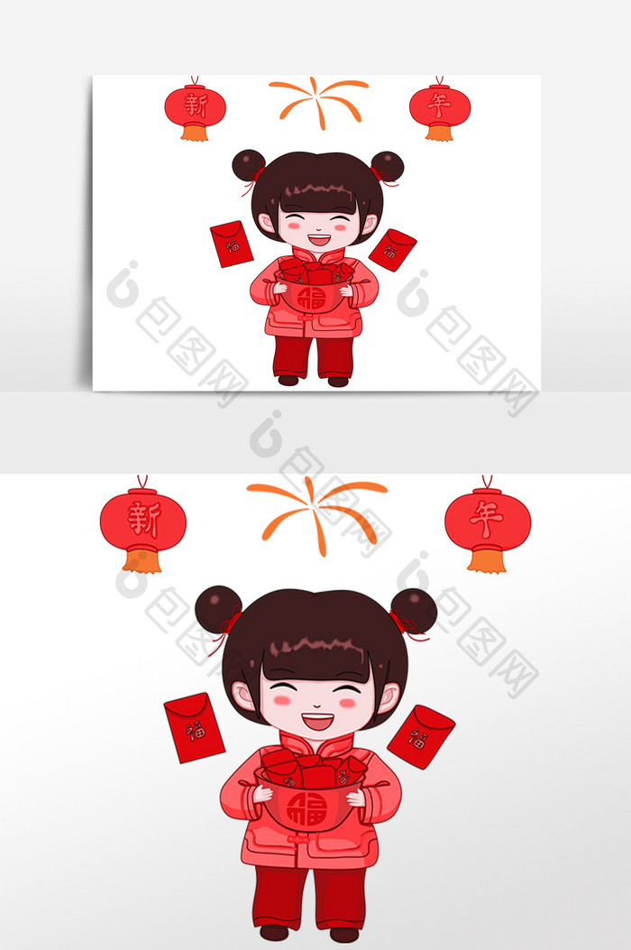 手绘春节新年女孩发红包插画素材