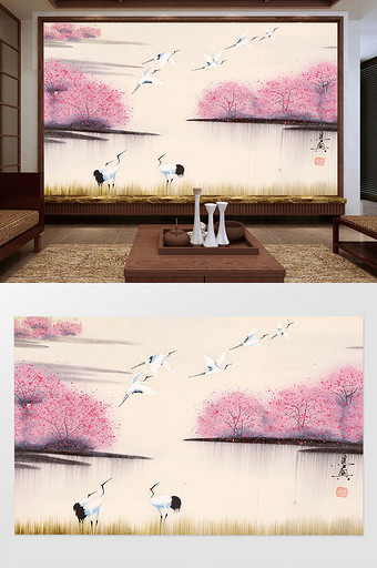 中国风水墨手绘花鸟白鹤背景墙图片