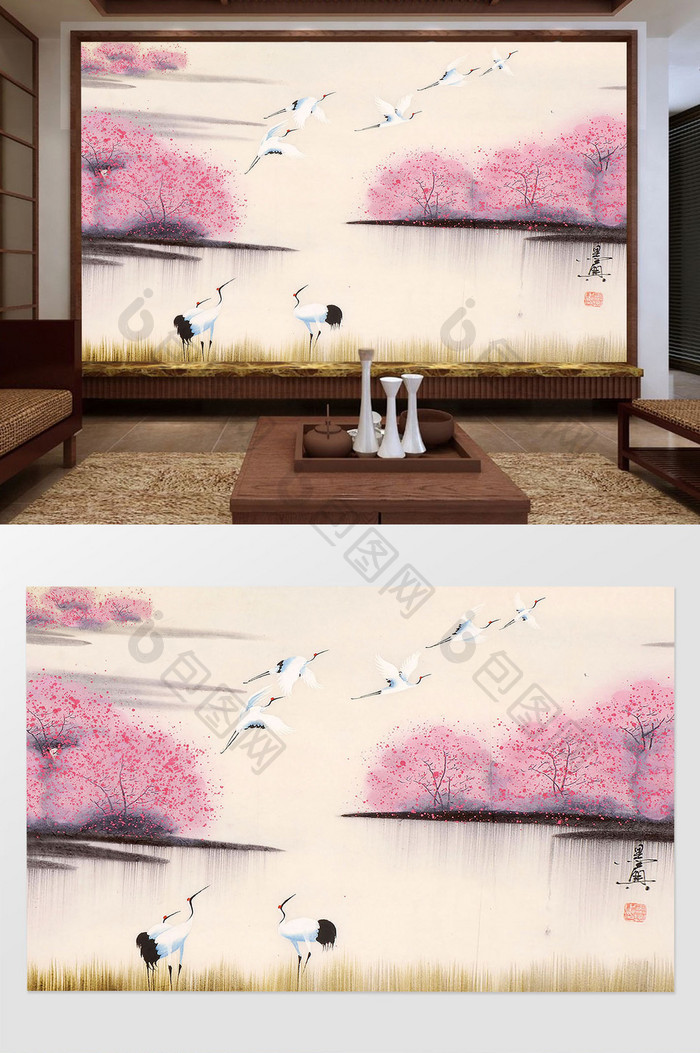 中国风水墨手绘花鸟白鹤背景墙