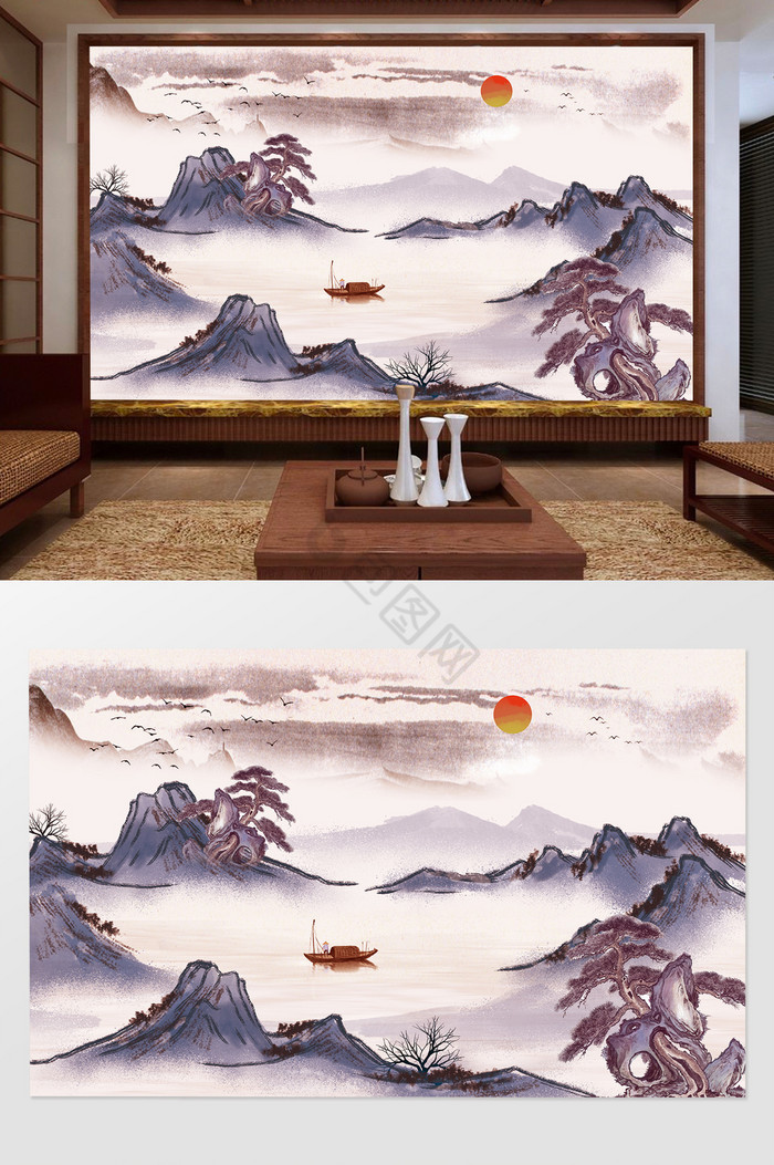 新中式小船山水背景墙图片