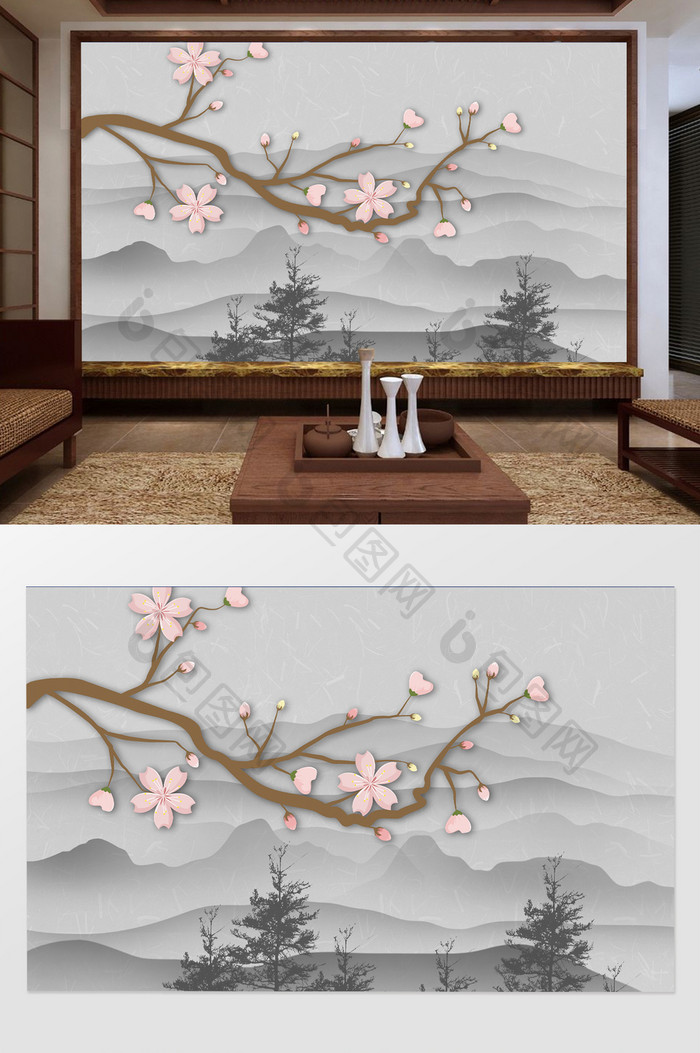 新中式创意简洁花枝山水背景墙
